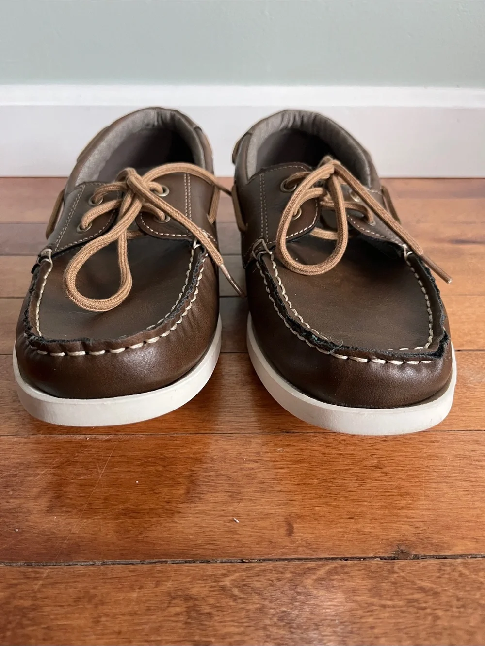 Chaps Benny Boat Shoes Men's 9 Brown Lace Up Deck Casual Loafers White Sole